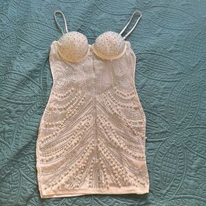 WHITE PEARL AND RHINESTONE MINI DRESS